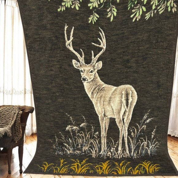 Vintage Biederlack Germany‎ Buck Deer Throw Blanket Brown Green - Picture 1 of 5